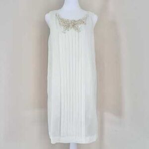 BCBGeneration Cream Midi Dress with Embellished Neckline